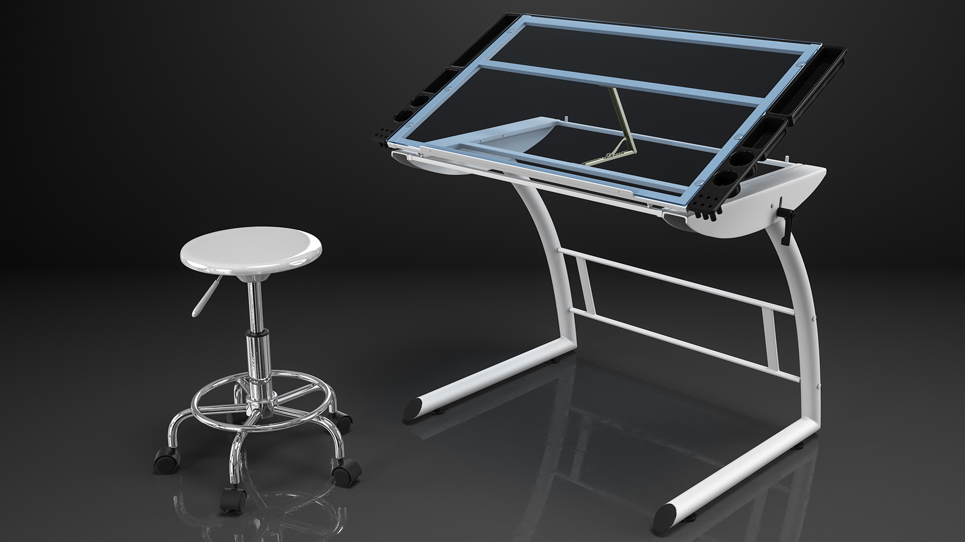 3D model Triflex Adjustable Glass Drawing Table with Stool White