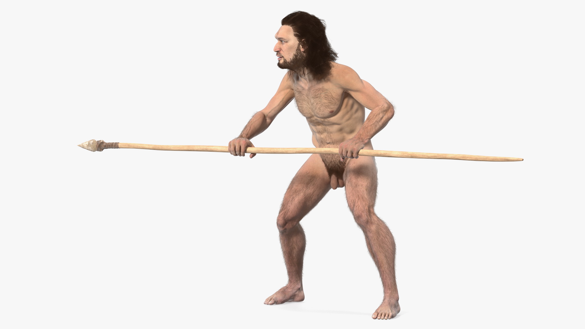 3D Cromagnon Man Holding Spear Fur