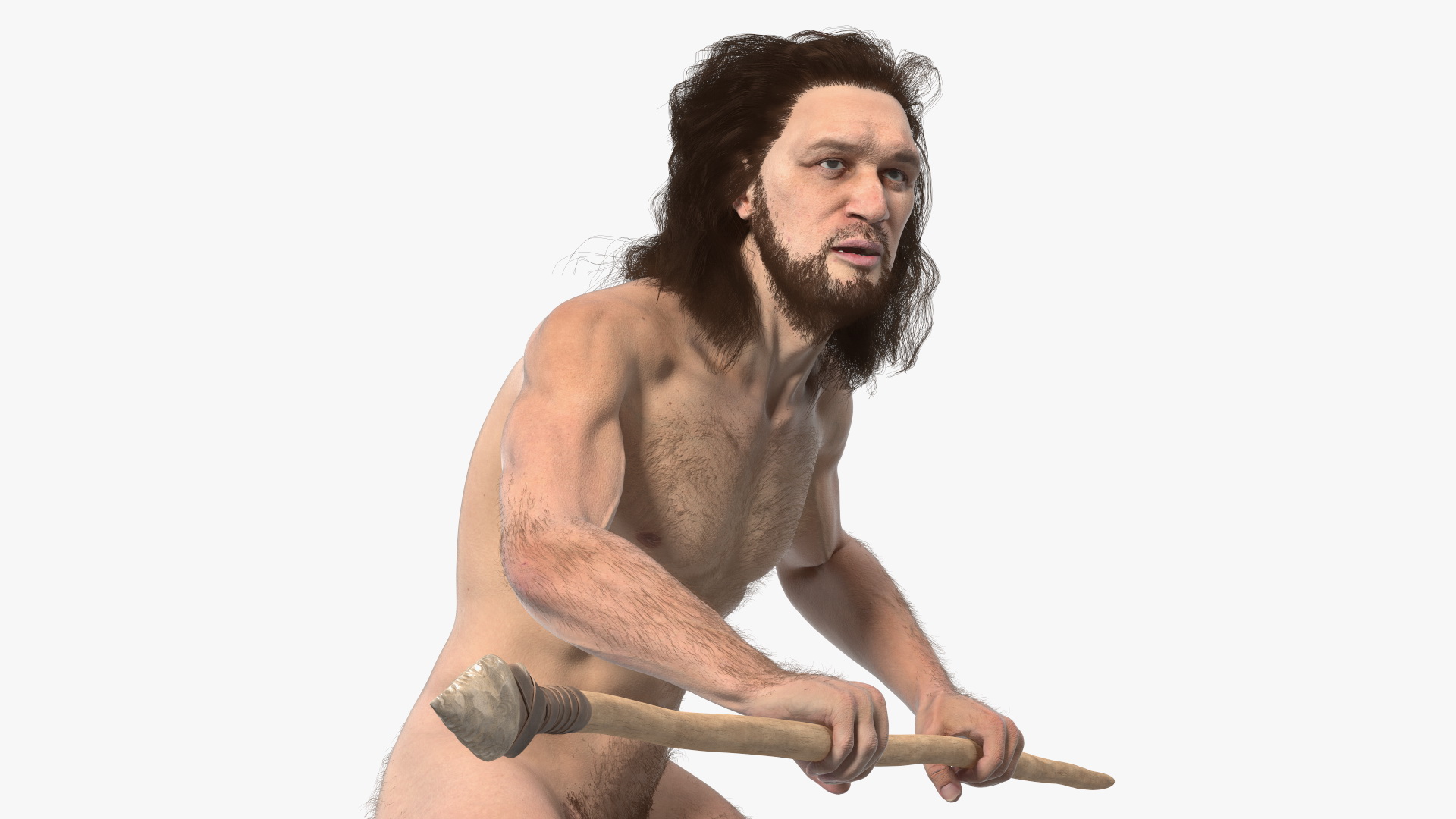 3D Cromagnon Man Holding Spear Fur