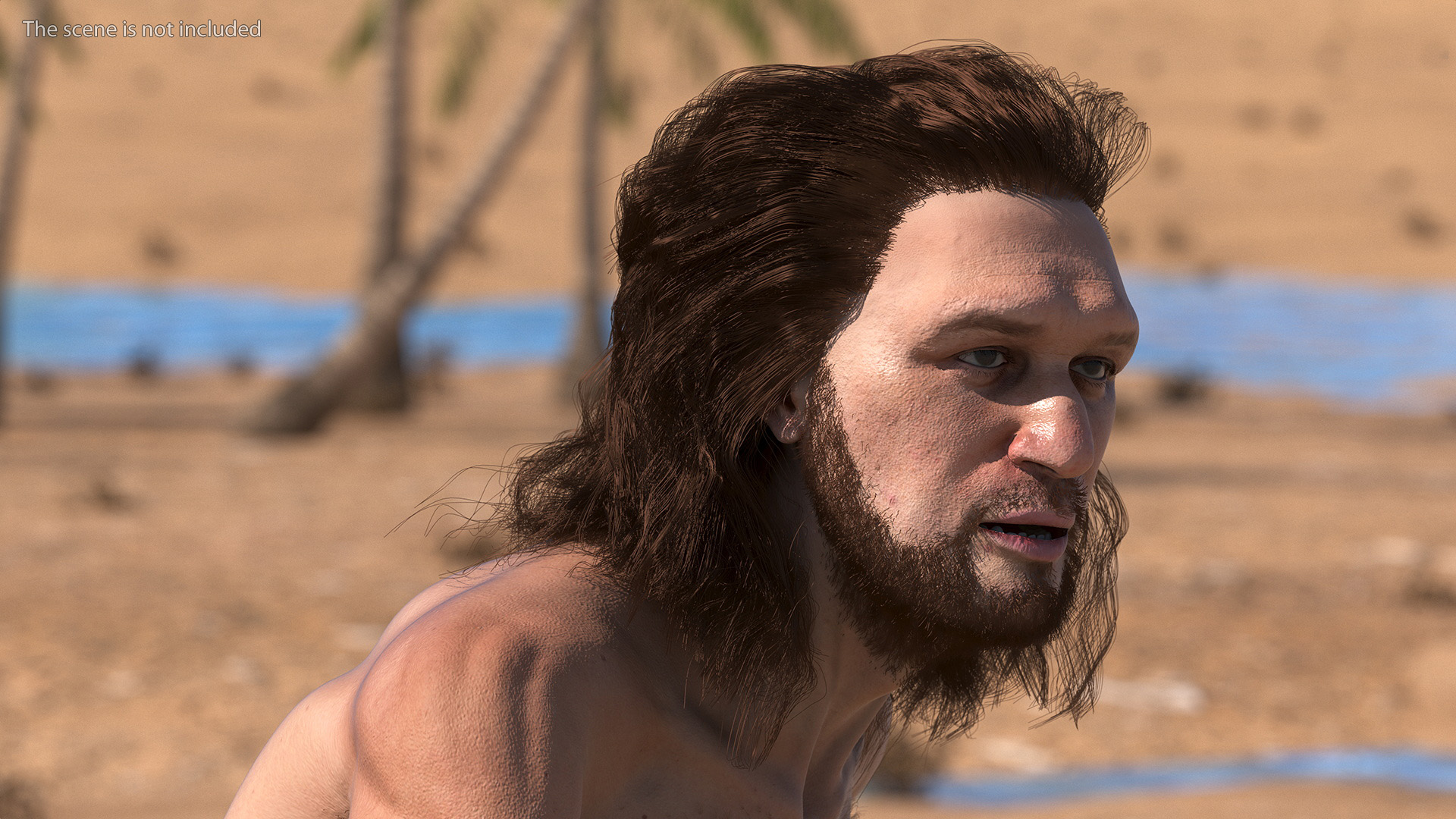 3D Cromagnon Man Holding Spear Fur