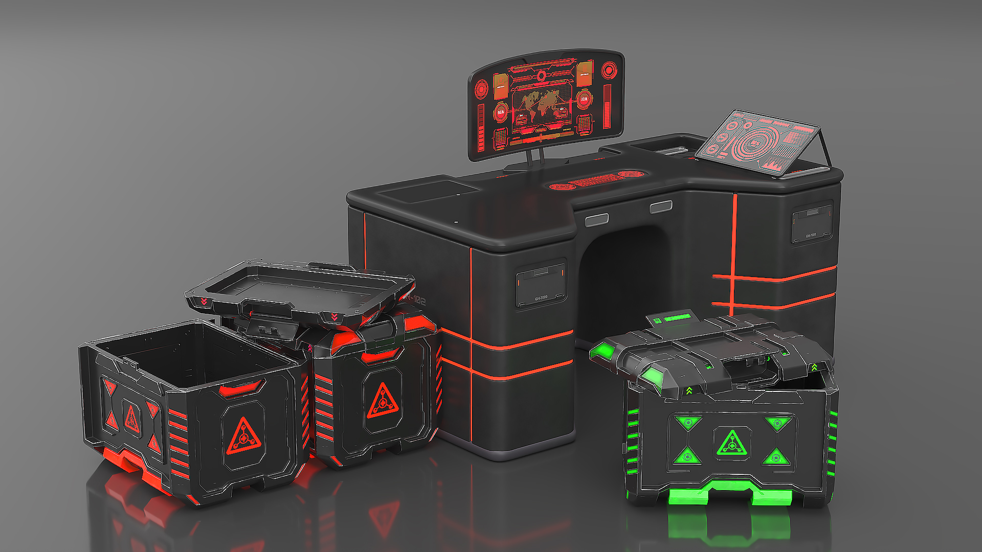 Sci-Fi Command Console with Storage Crates 3D