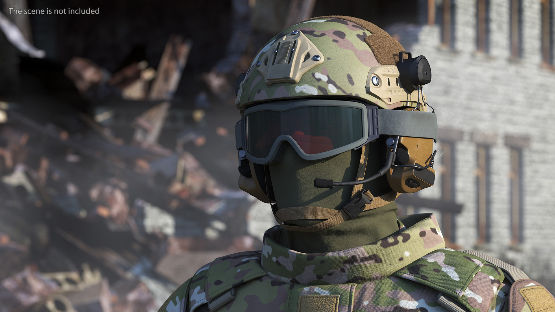 3D Soldier in Green Tactical Gear with Goggles Standing Fur