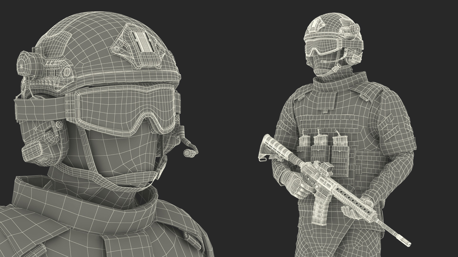 3D Soldier in Green Tactical Gear with Goggles Standing Fur