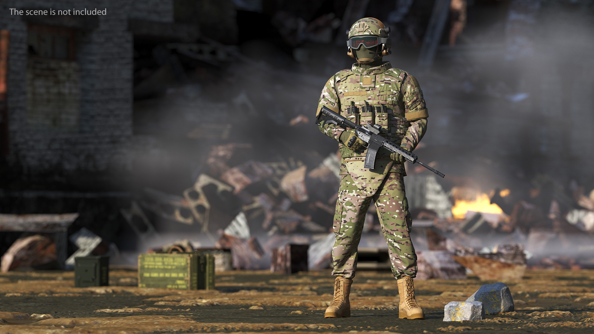 3D Soldier in Green Tactical Gear with Goggles Standing Fur