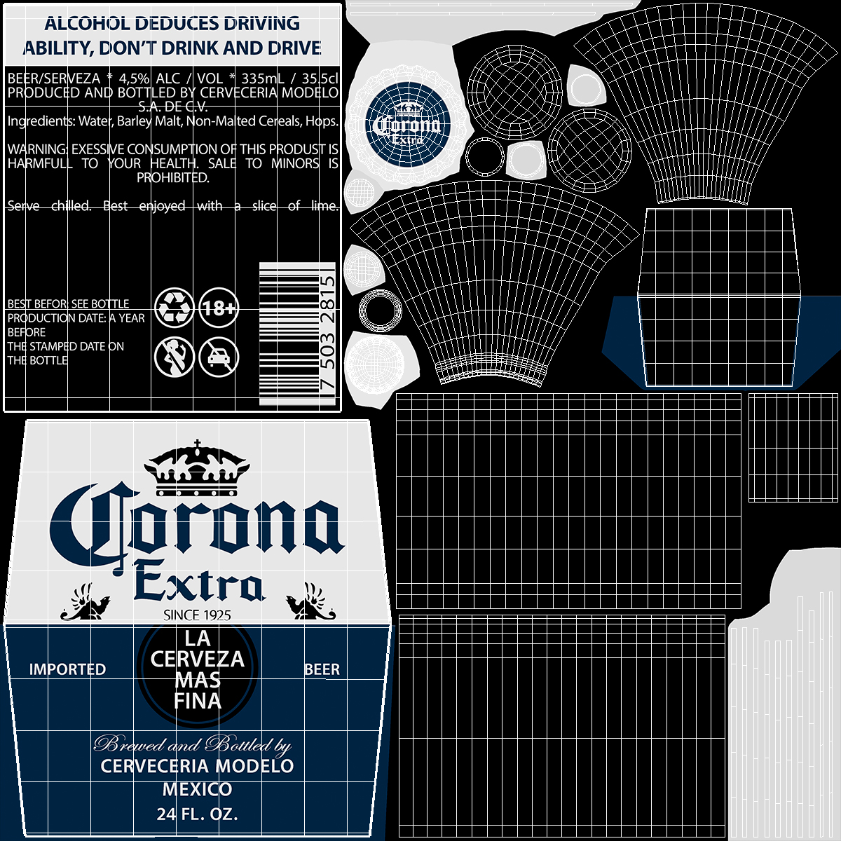 3D model Cold Corona Extra Glass Bottle Beer 24oz