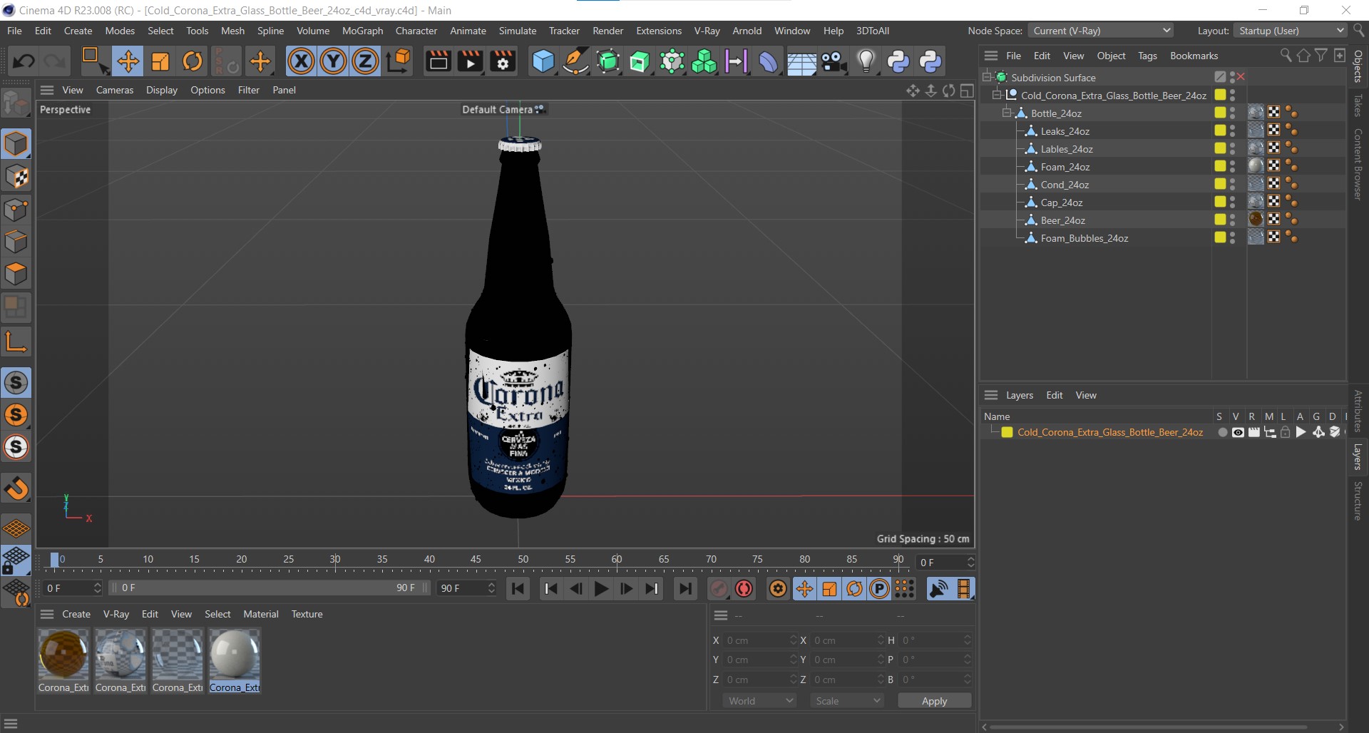 3D model Cold Corona Extra Glass Bottle Beer 24oz