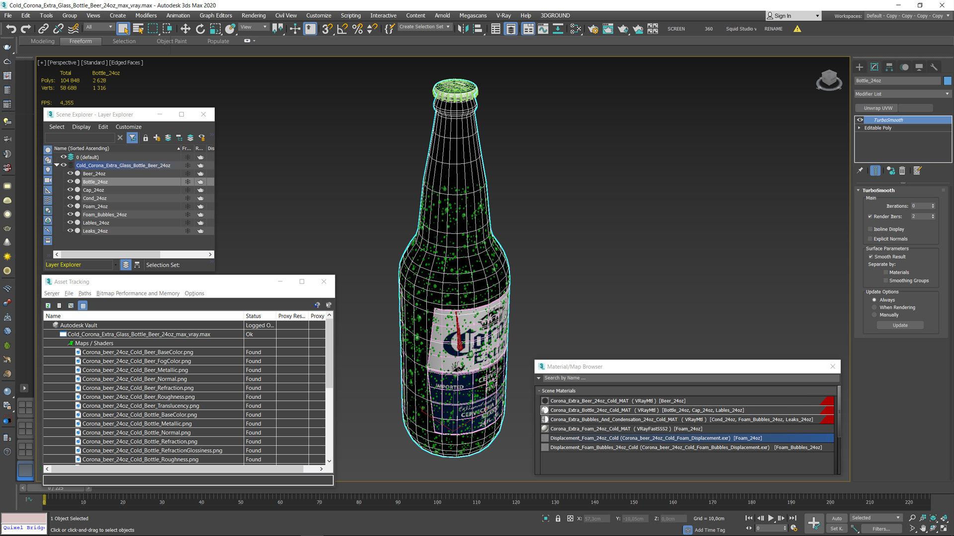 3D model Cold Corona Extra Glass Bottle Beer 24oz