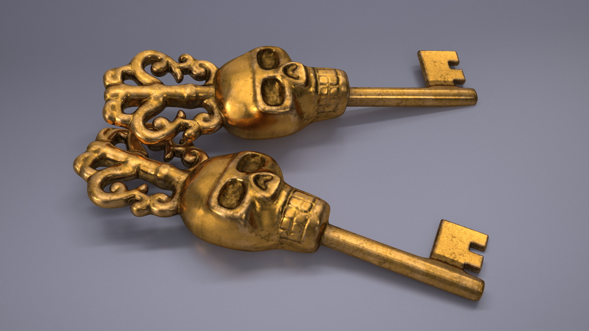 3D Ornate Skull Gothic Key Gold model