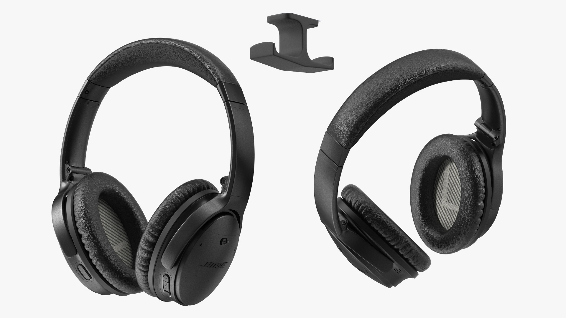 3D Black Bose Quiet Comfort Headphones on Under-Desk Holder