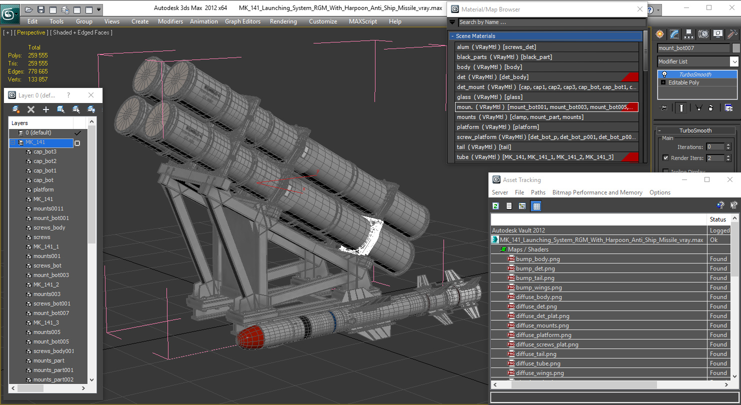 3D MK 141 Launching System RGM With Harpoon Anti Ship Missile model