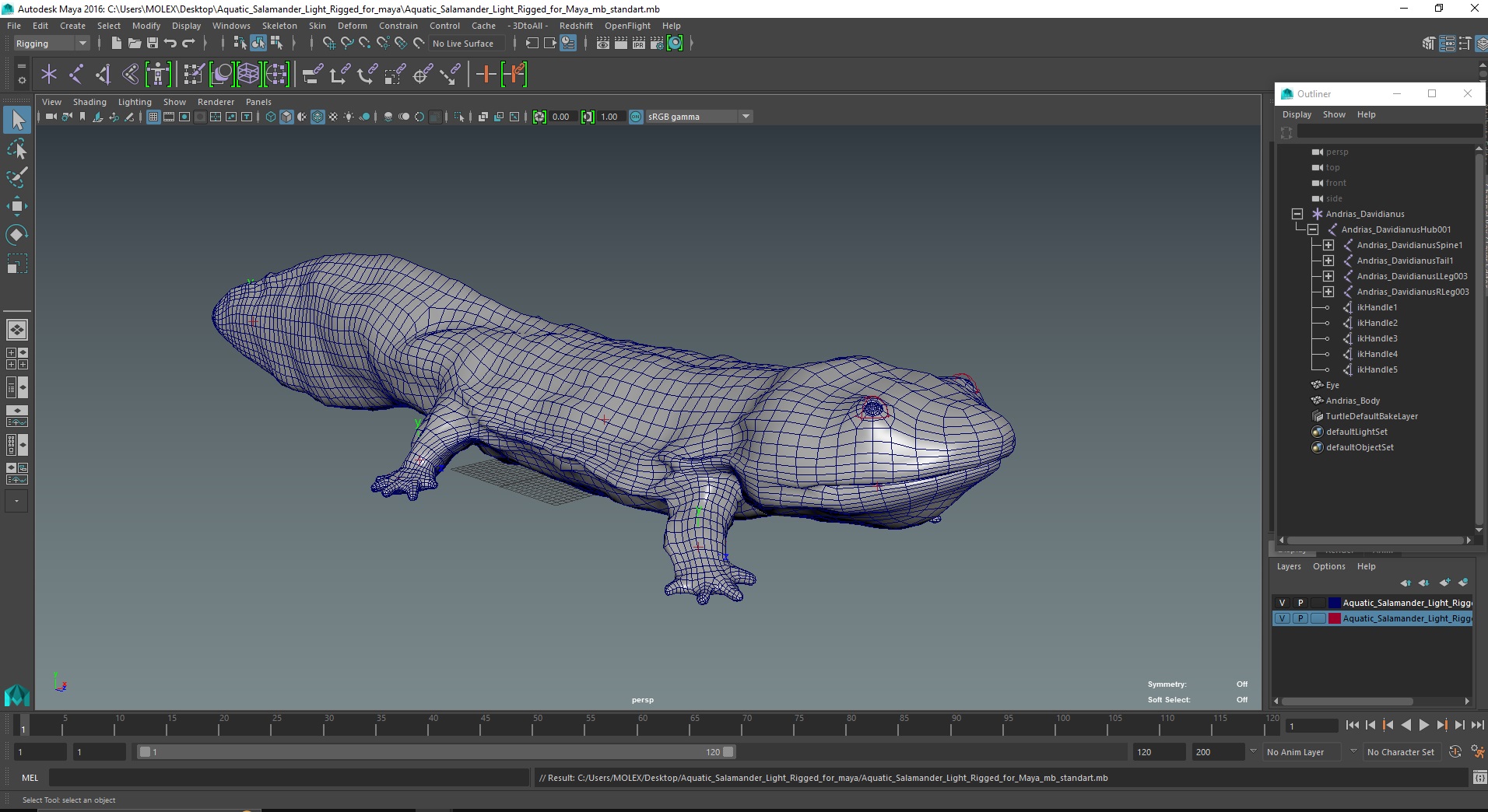 3D model Aquatic Salamander Light Rigged for Maya