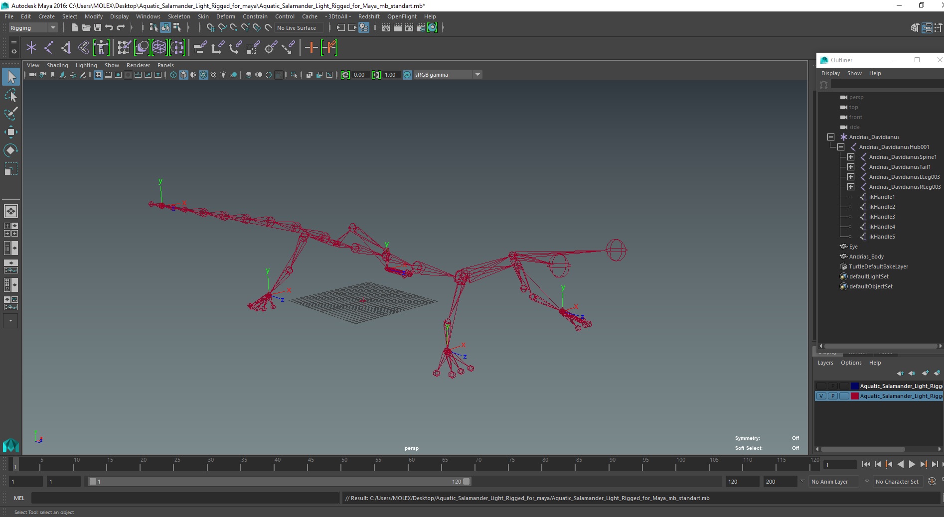 3D model Aquatic Salamander Light Rigged for Maya