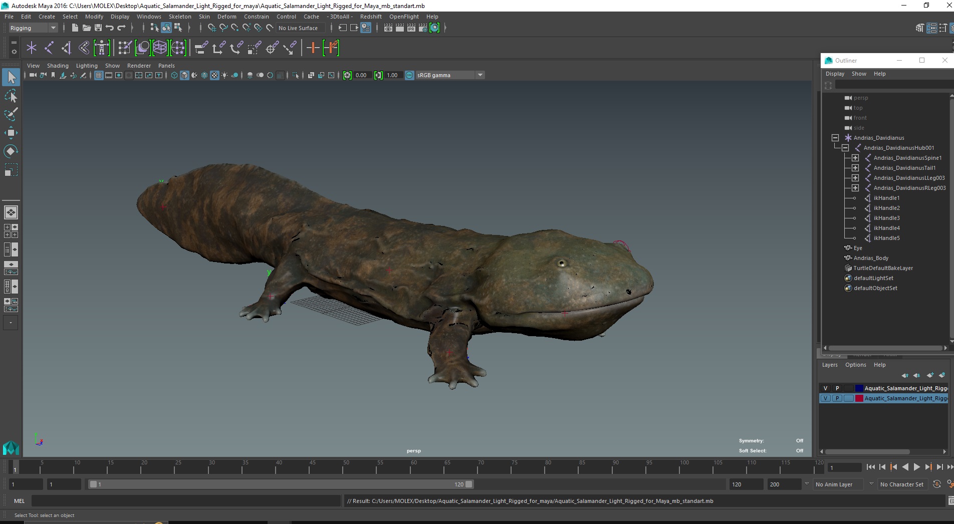 3D model Aquatic Salamander Light Rigged for Maya