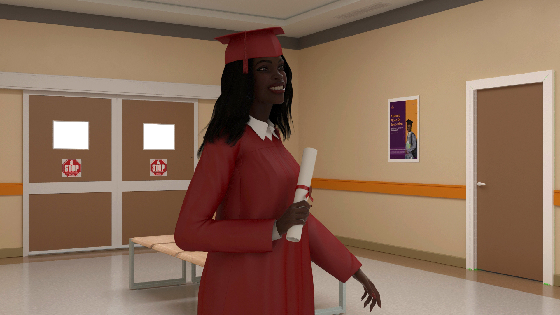 3D University Corridor Corner with People model