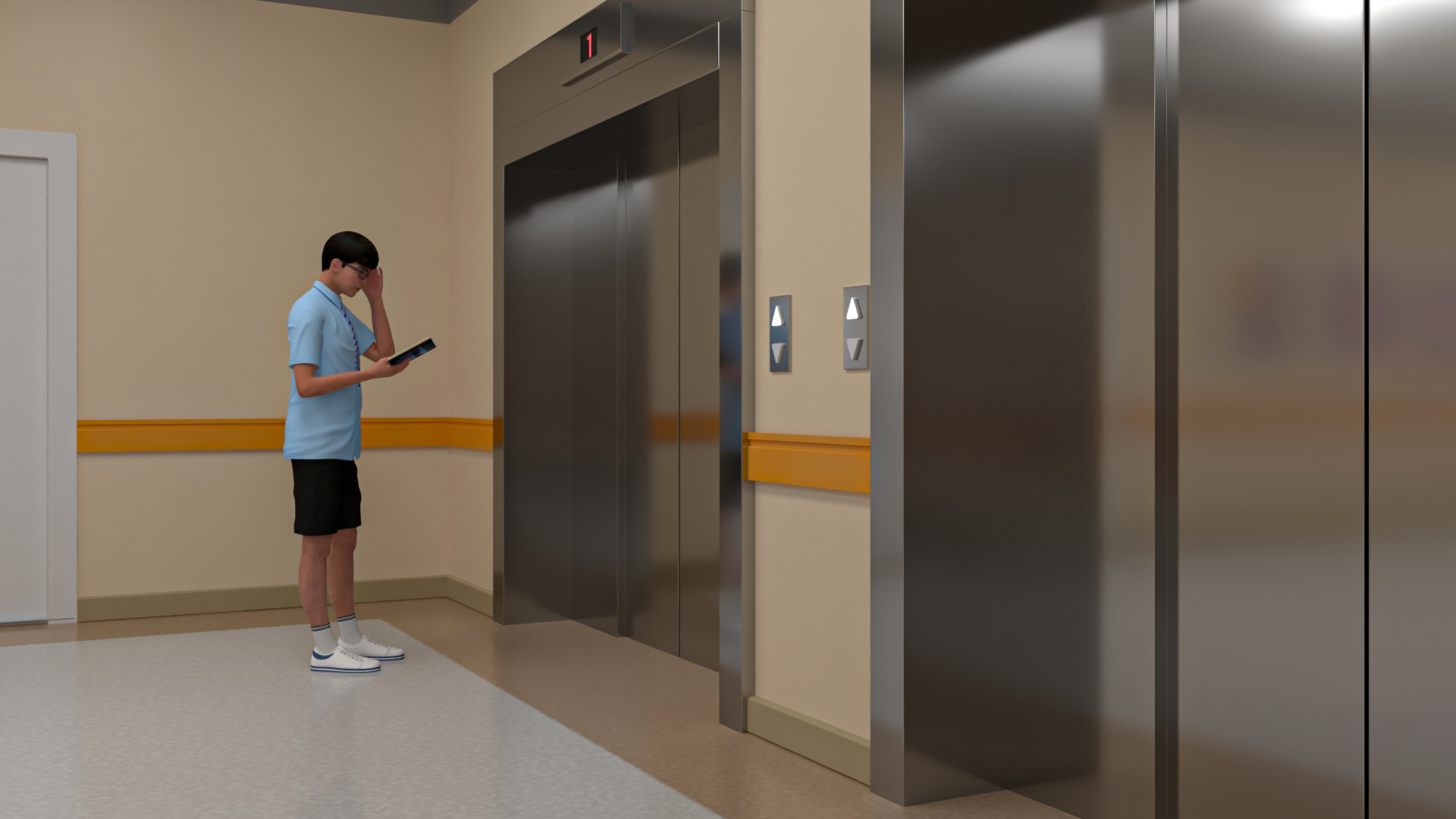 3D University Corridor Corner with People model