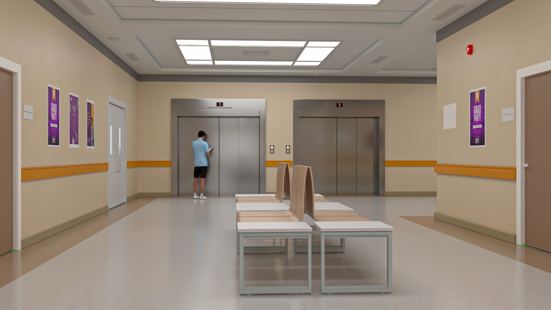 3D University Corridor Corner with People model