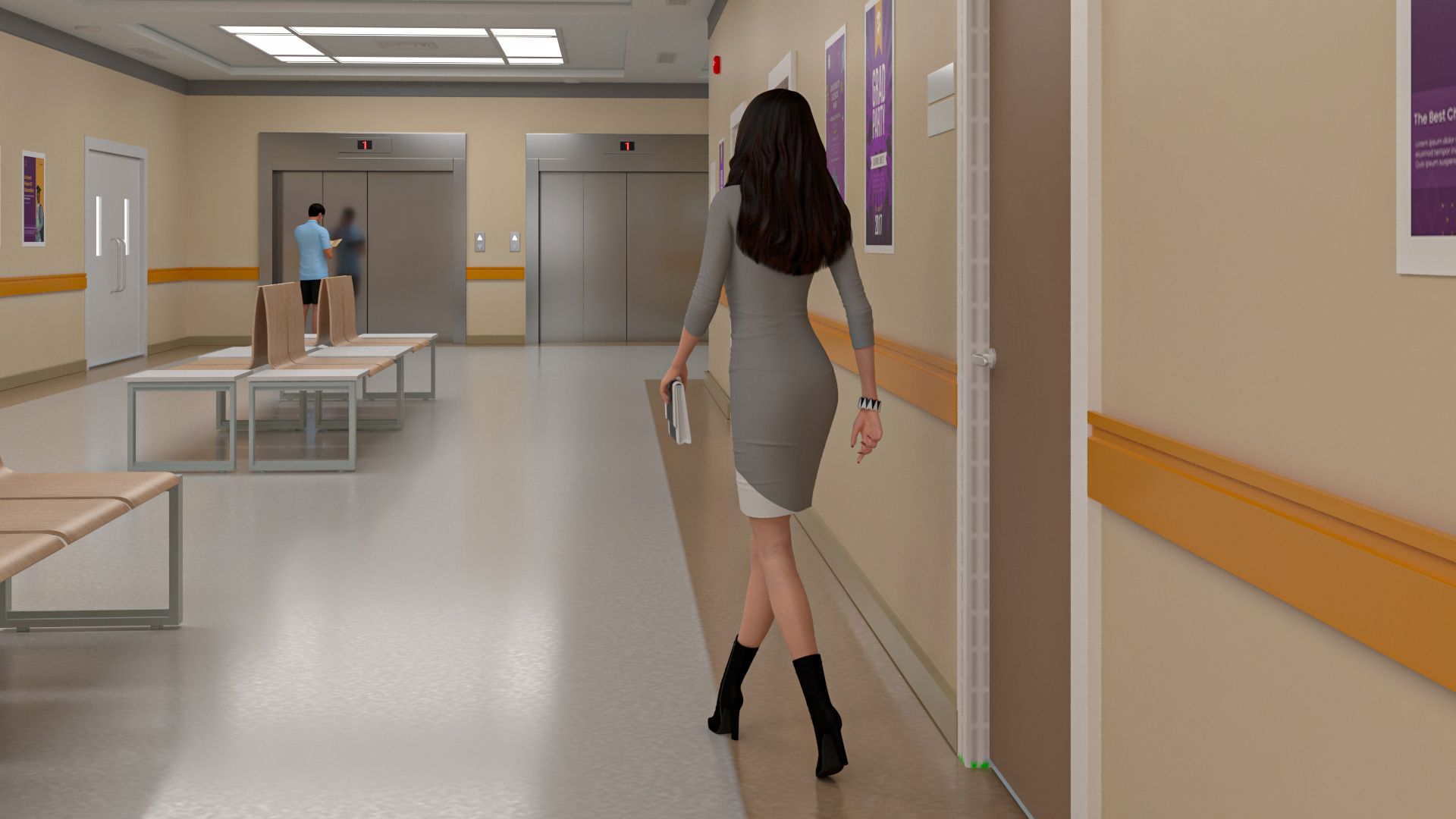 3D University Corridor Corner with People model