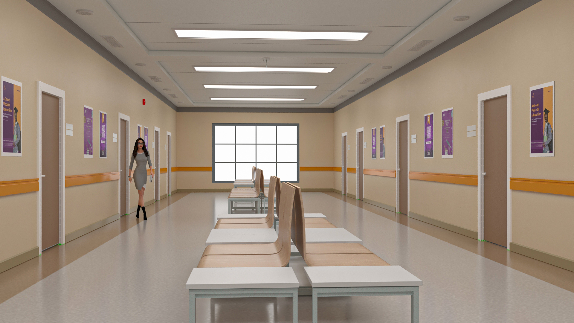 3D University Corridor Corner with People model