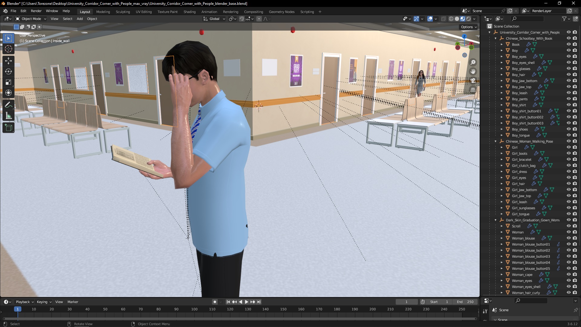 3D University Corridor Corner with People model