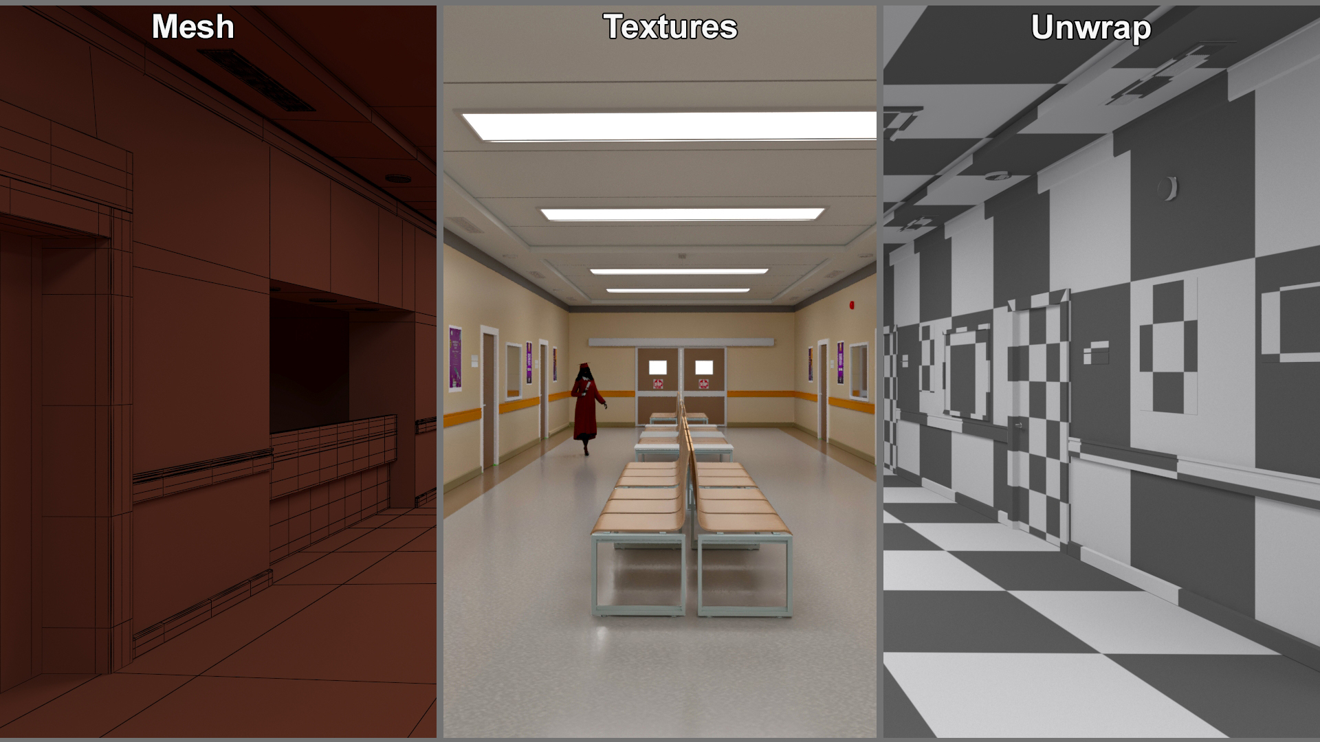 3D University Corridor Corner with People model