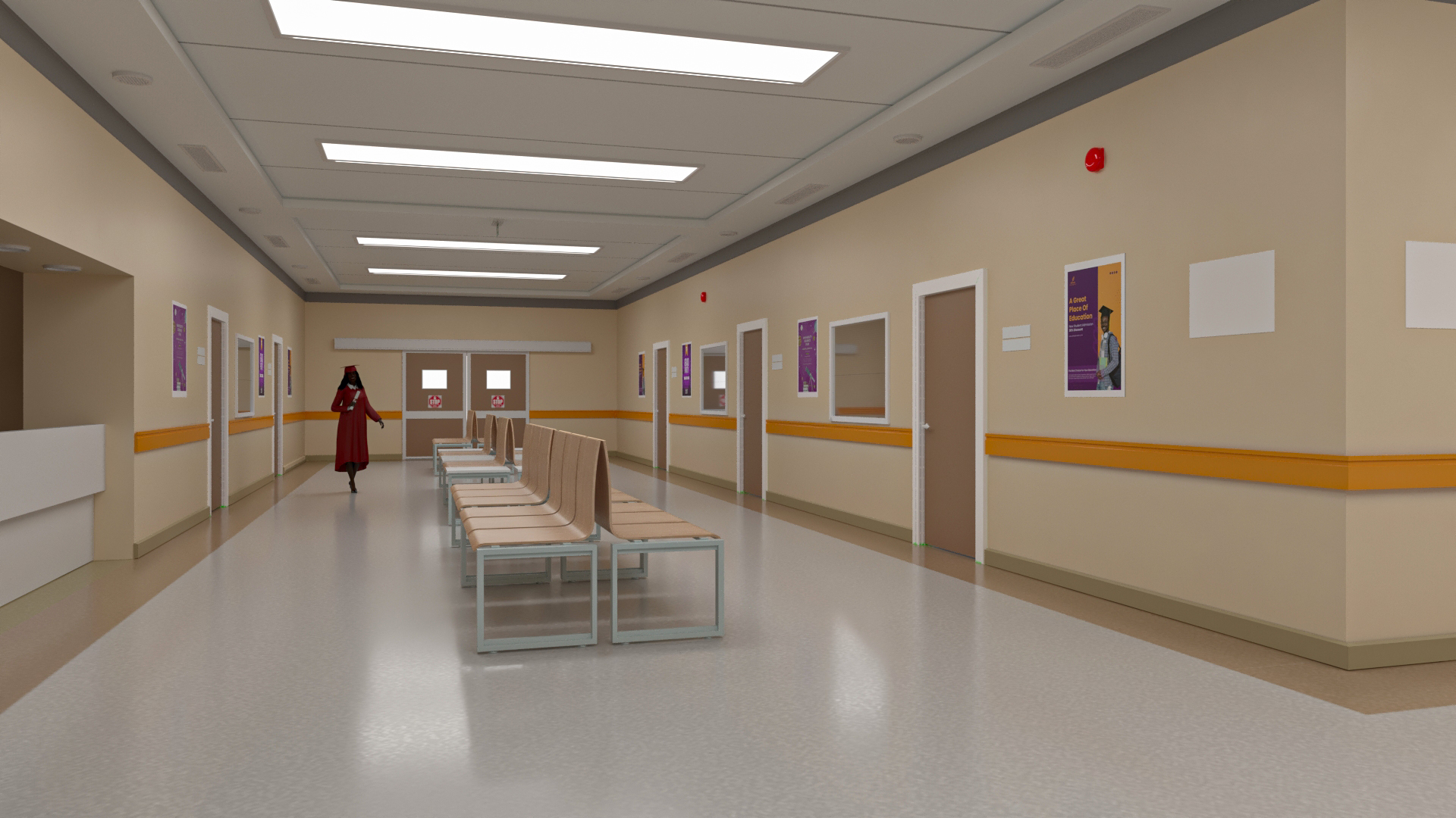 3D University Corridor Corner with People model