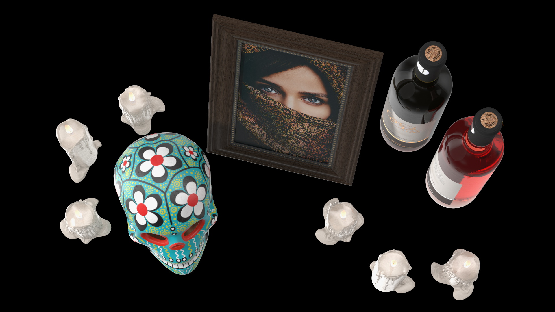 3D model Day of the Dead Tribute with Candles and Wine