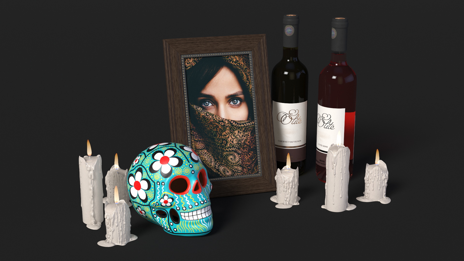 3D model Day of the Dead Tribute with Candles and Wine