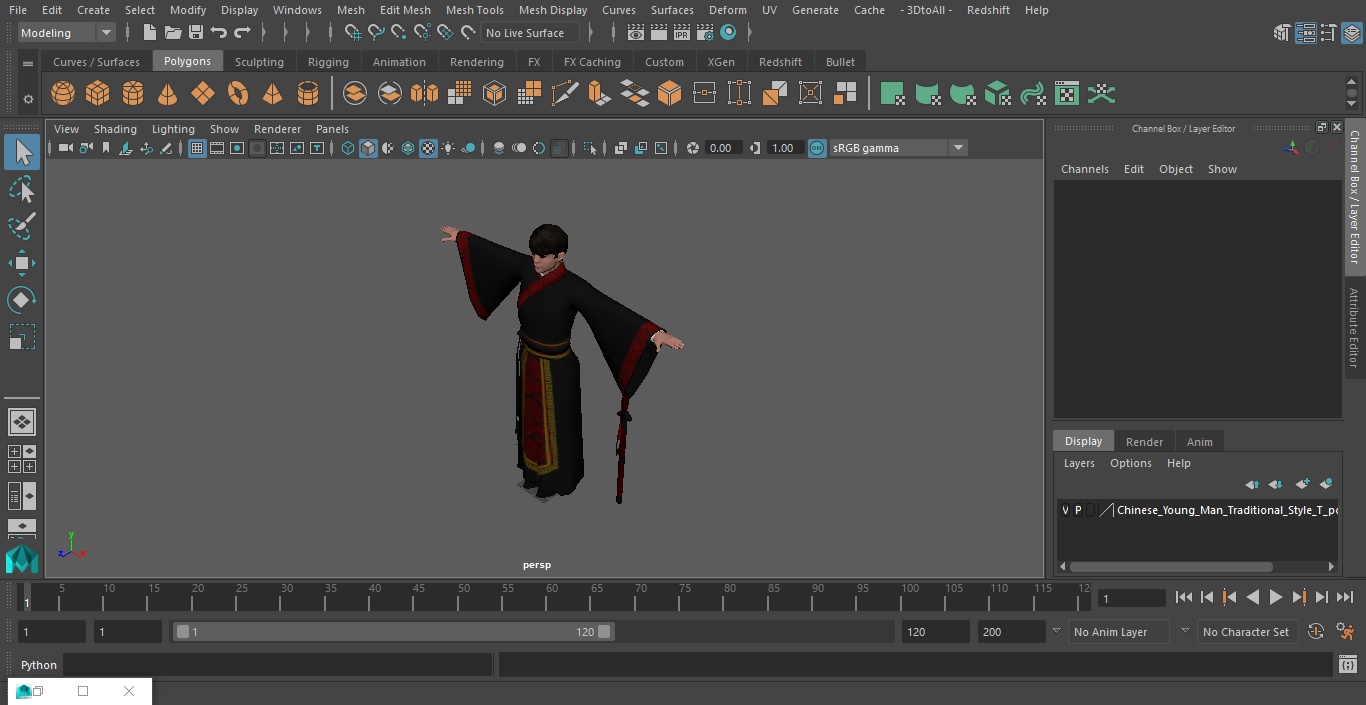 Chinese Young Man Traditional Style T-pose 3D