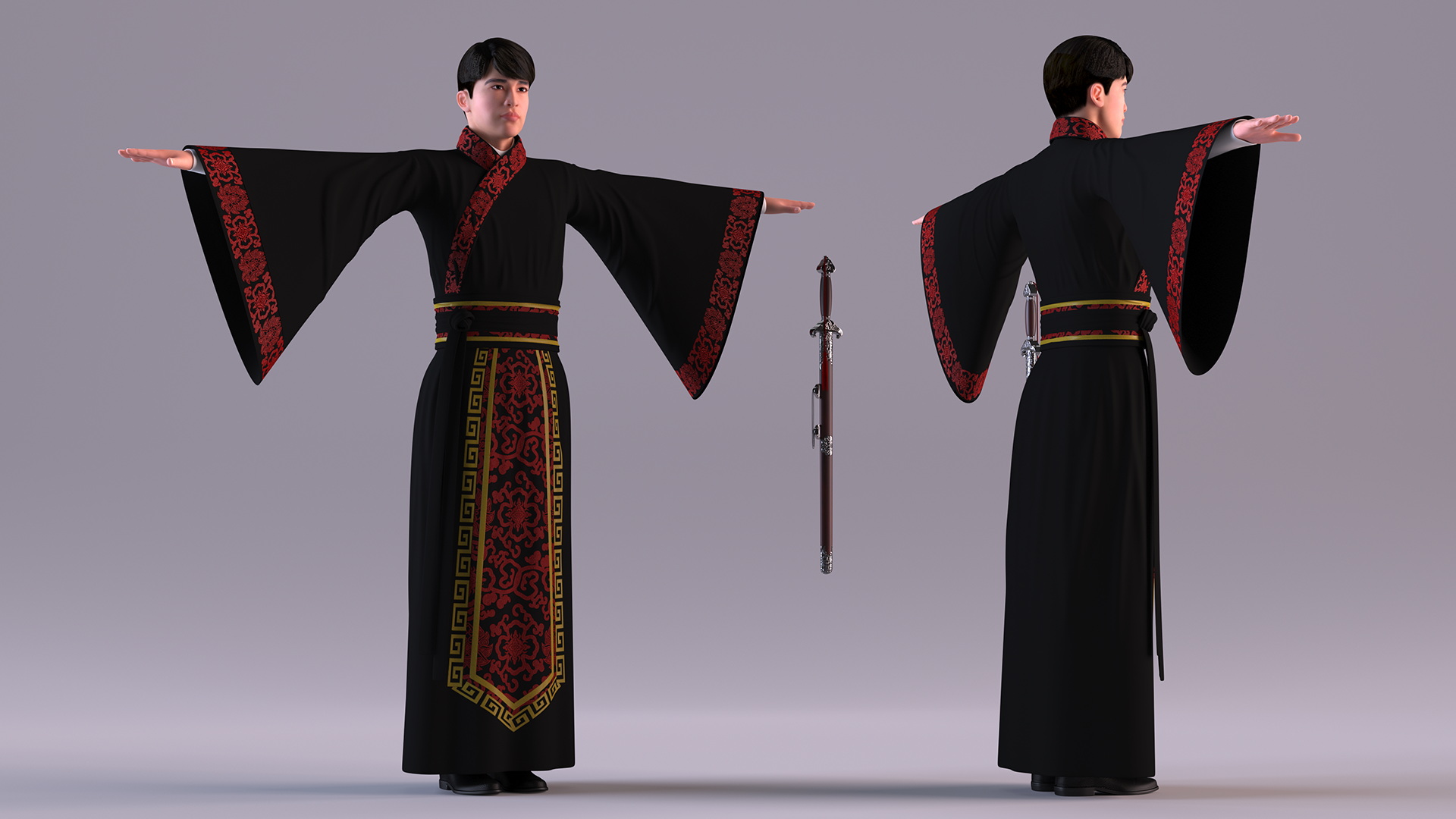 Chinese Young Man Traditional Style T-pose 3D