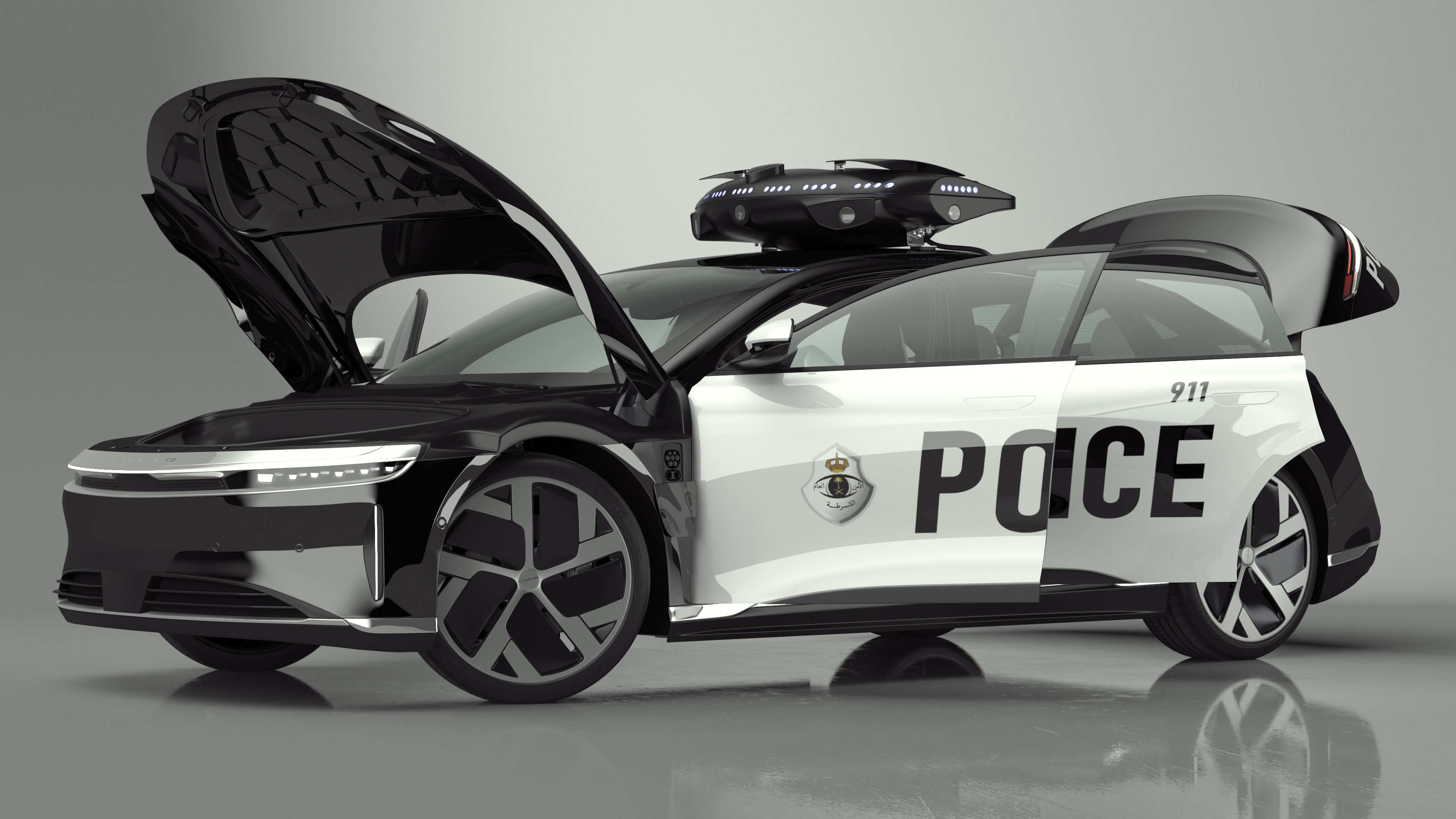 Lucid Air Electric Police Car with Drone Launch Pad Rigged for Cinema 4D 3D