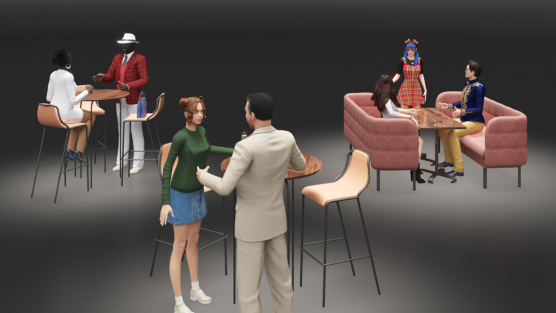 3D Casual People in Cafe Setting Fur model