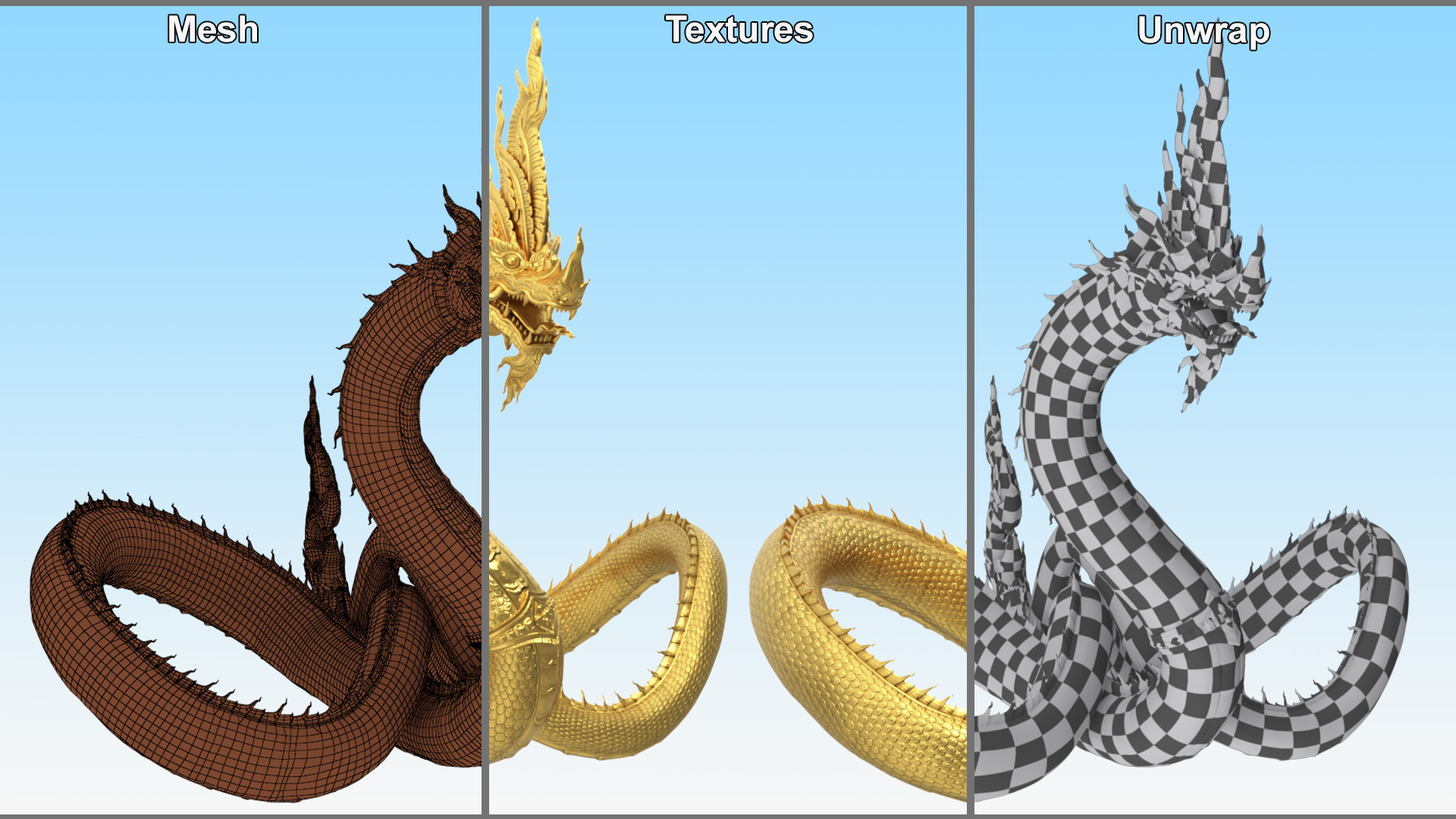 3D Thai Naga Dragon Gold Curled model