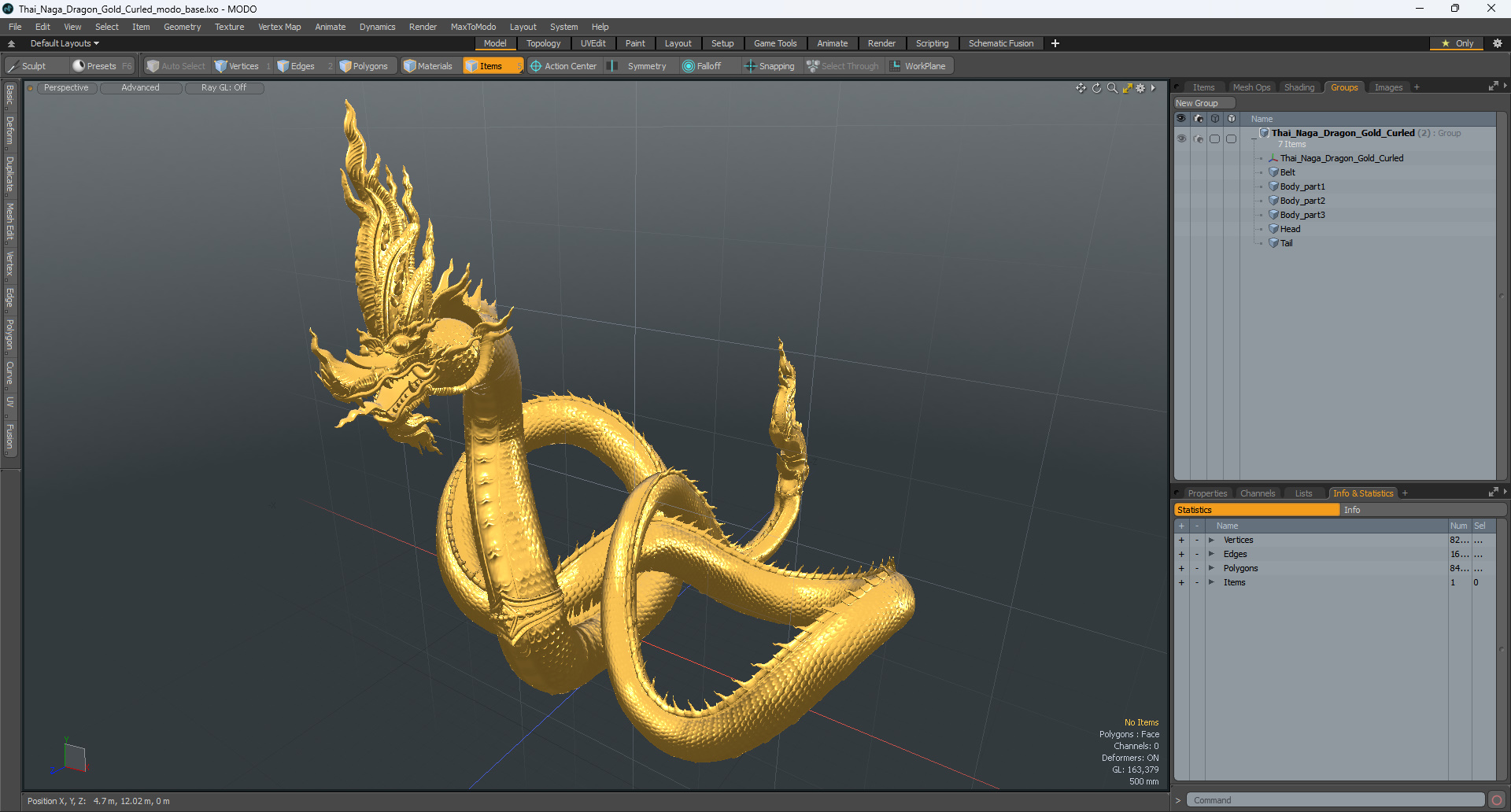 3D Thai Naga Dragon Gold Curled model