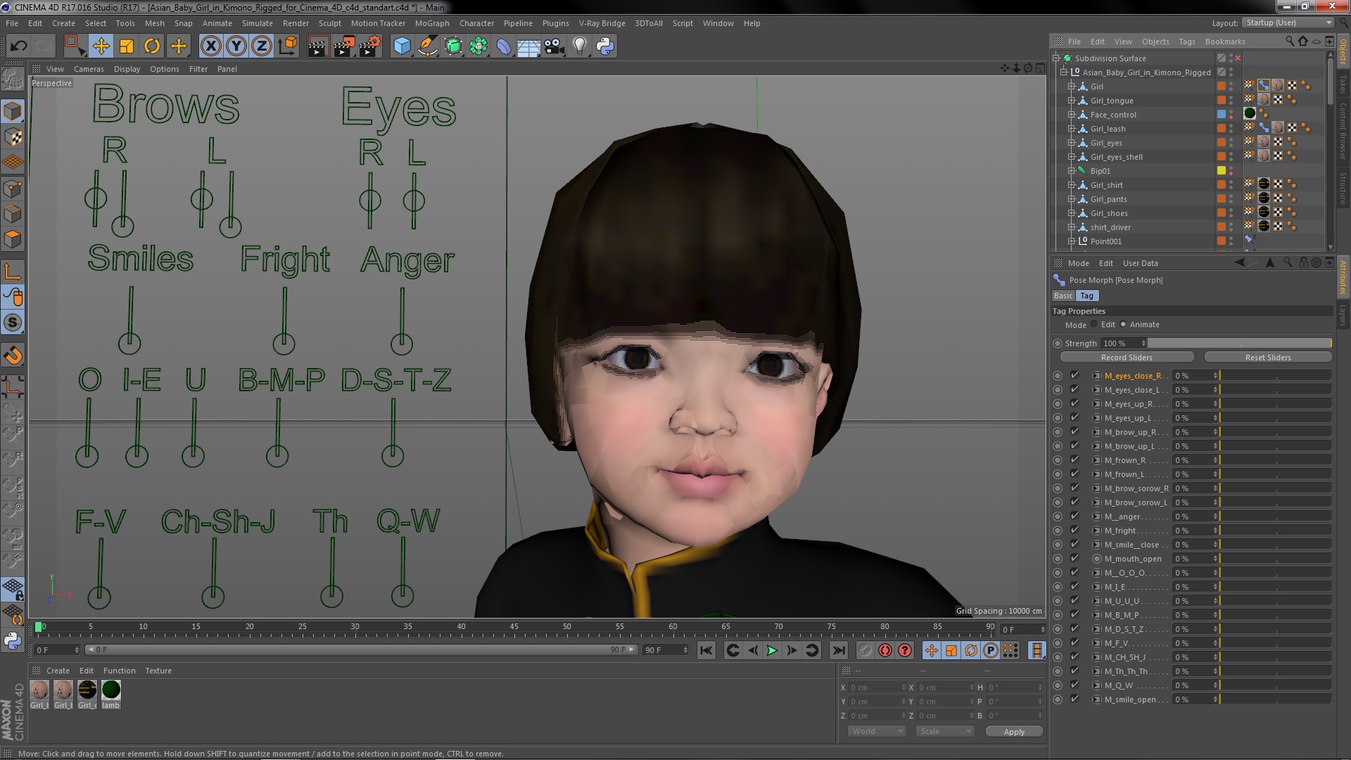 3D Asian Baby Girl in Kimono Rigged for Cinema 4D