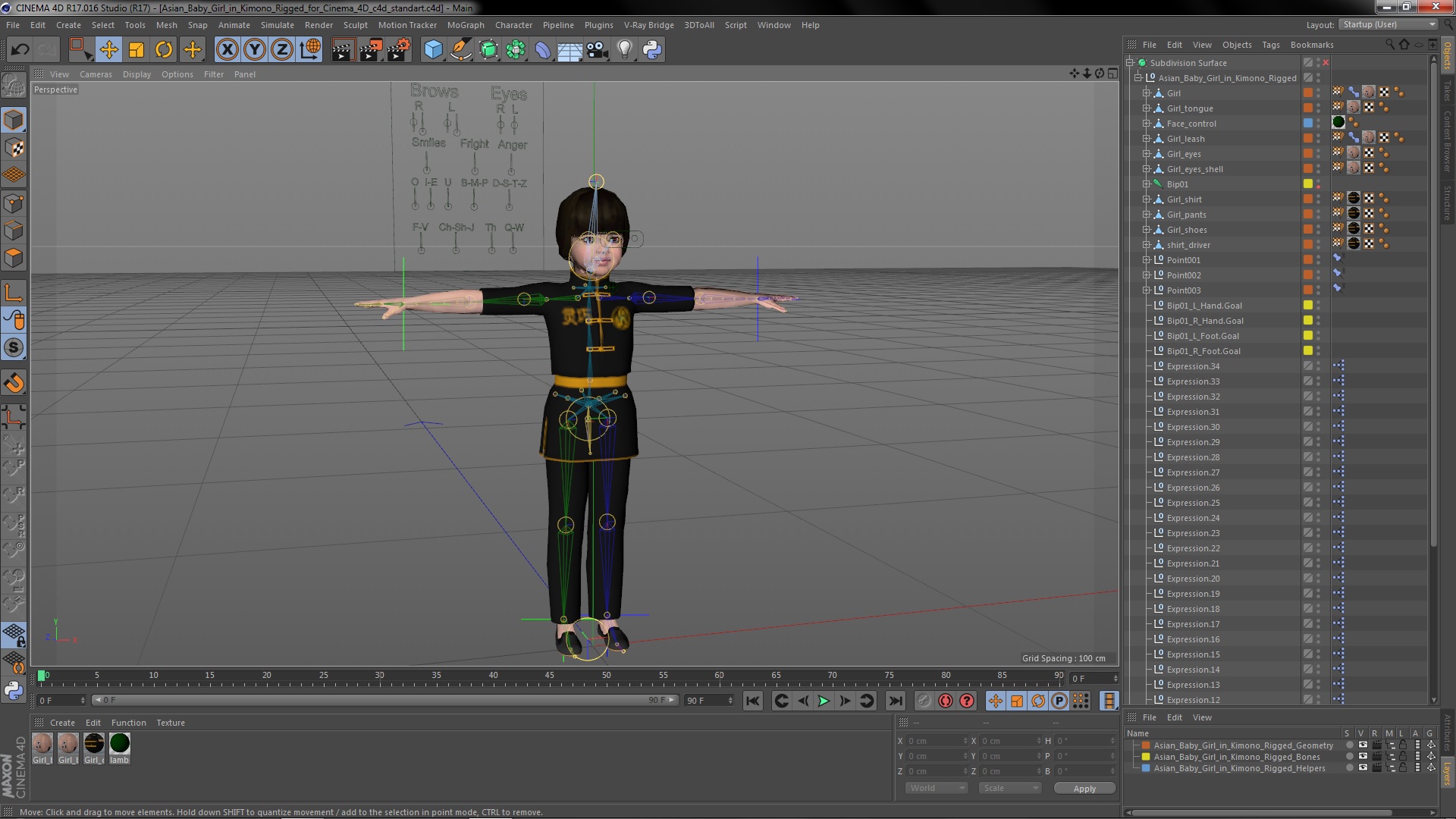 3D Asian Baby Girl in Kimono Rigged for Cinema 4D