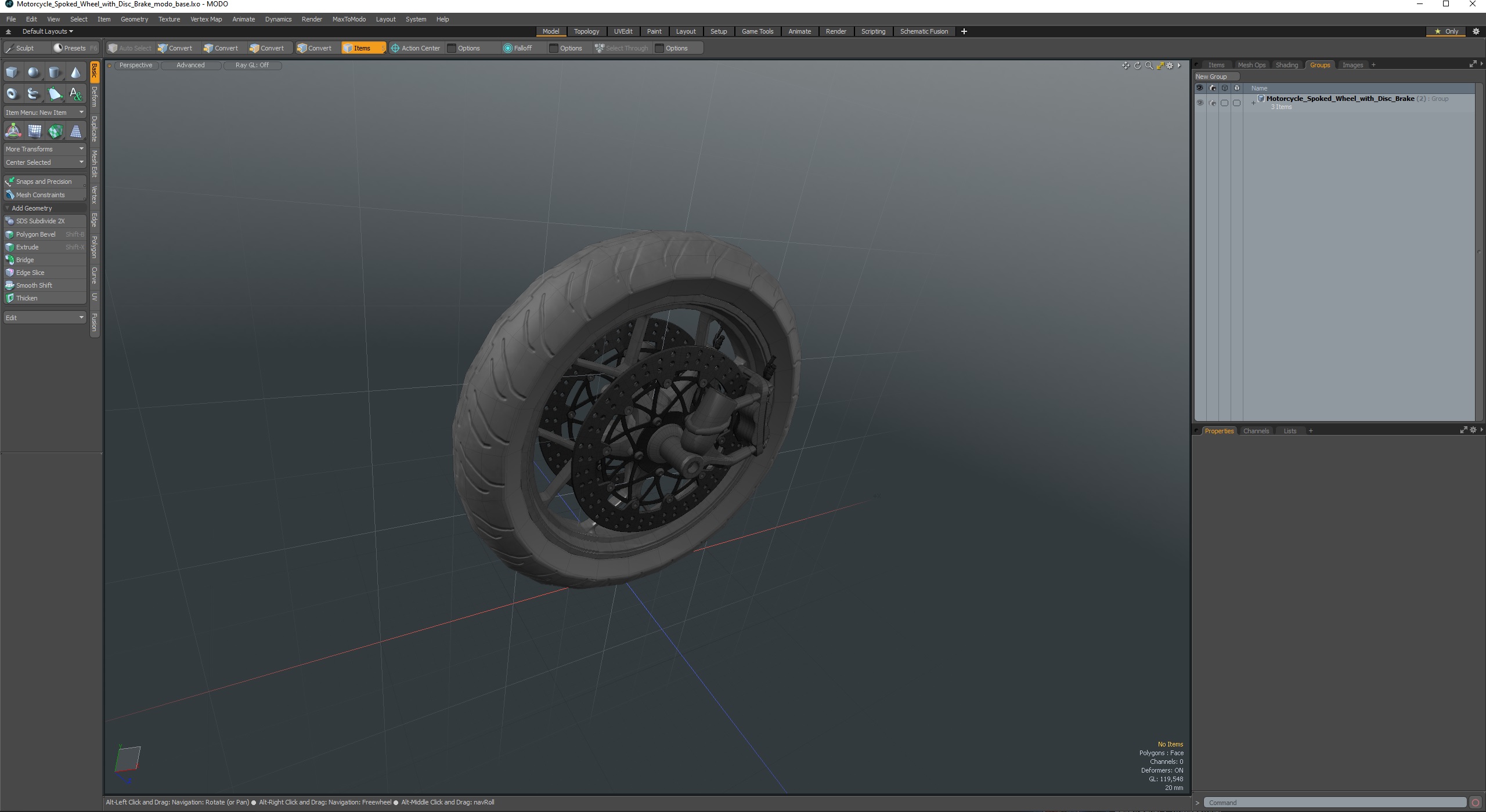 Motorcycle Spoked Wheel with Disc Brake 3D model