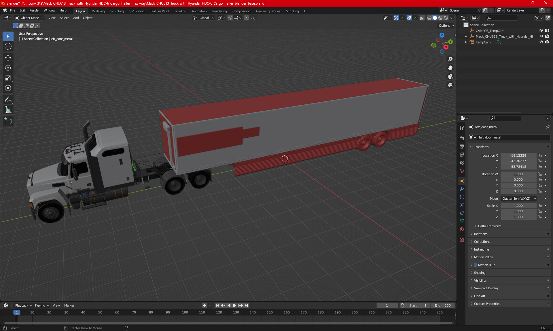 3D model Mack CHU613 Truck with Hyundai HDC-6 Cargo Trailer