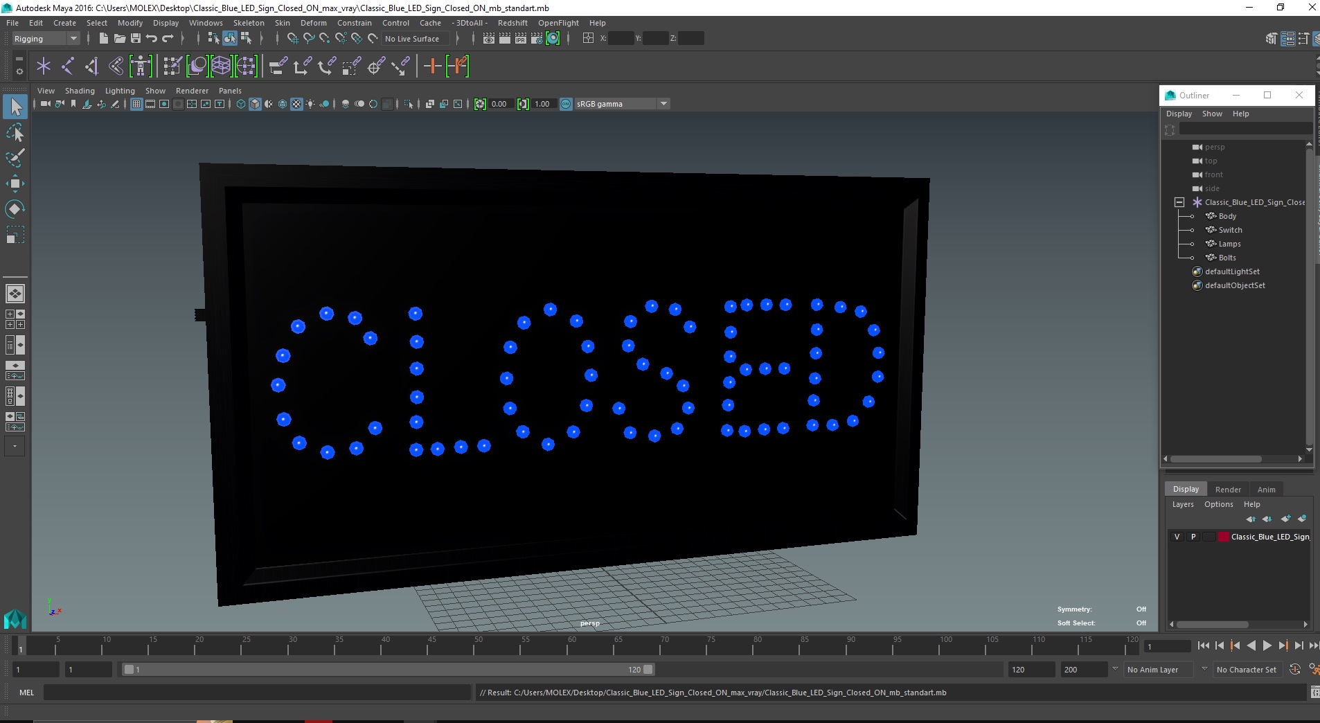 3D Classic Blue LED Sign Closed ON