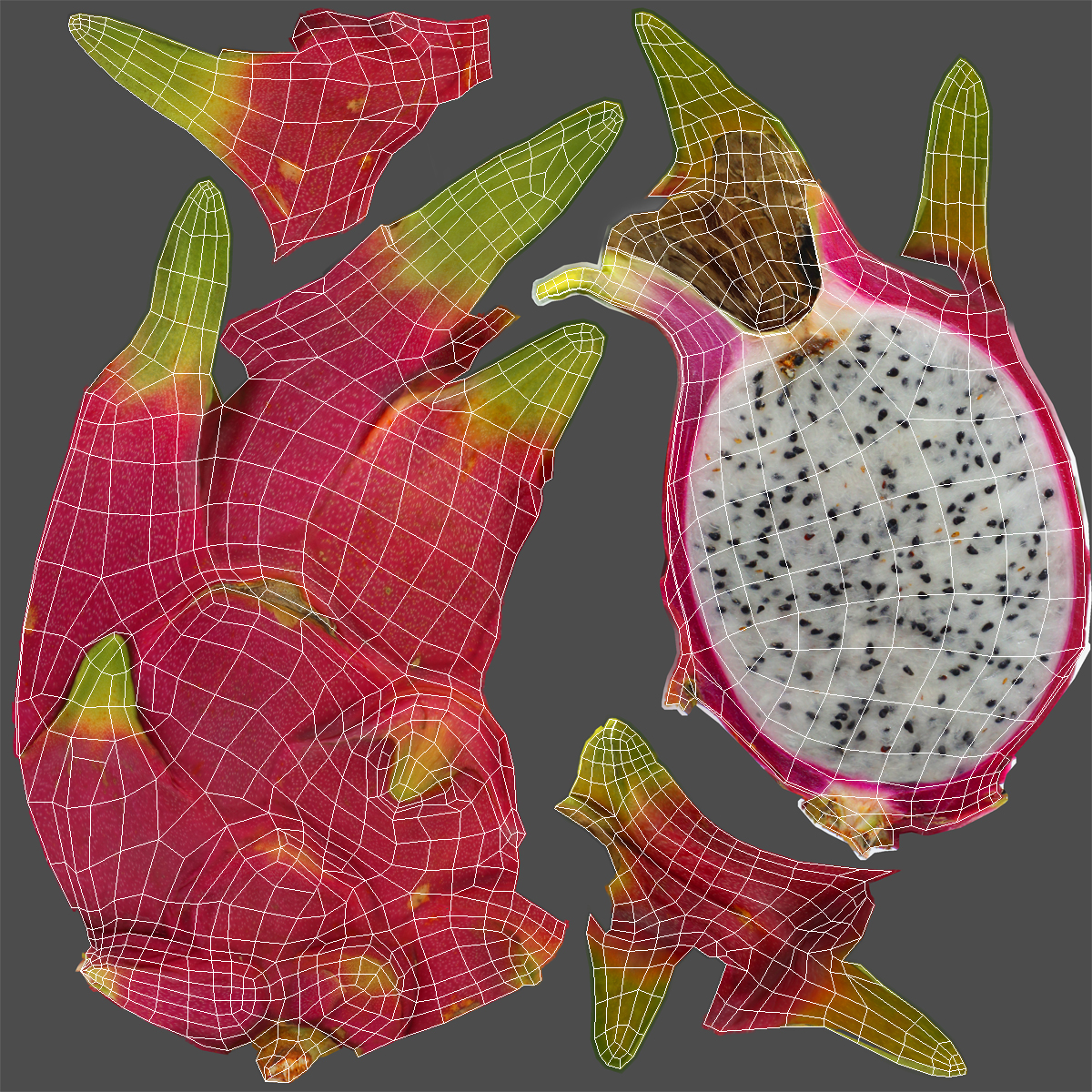 3D Whole and a Half Red Dragon Fruit model