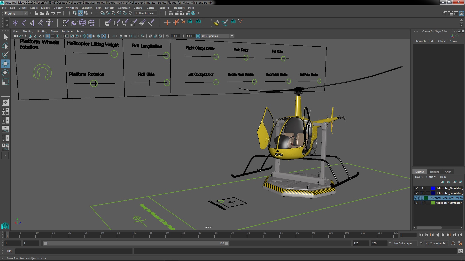 3D Helicopter Simulator Yellow Rigged for Maya model