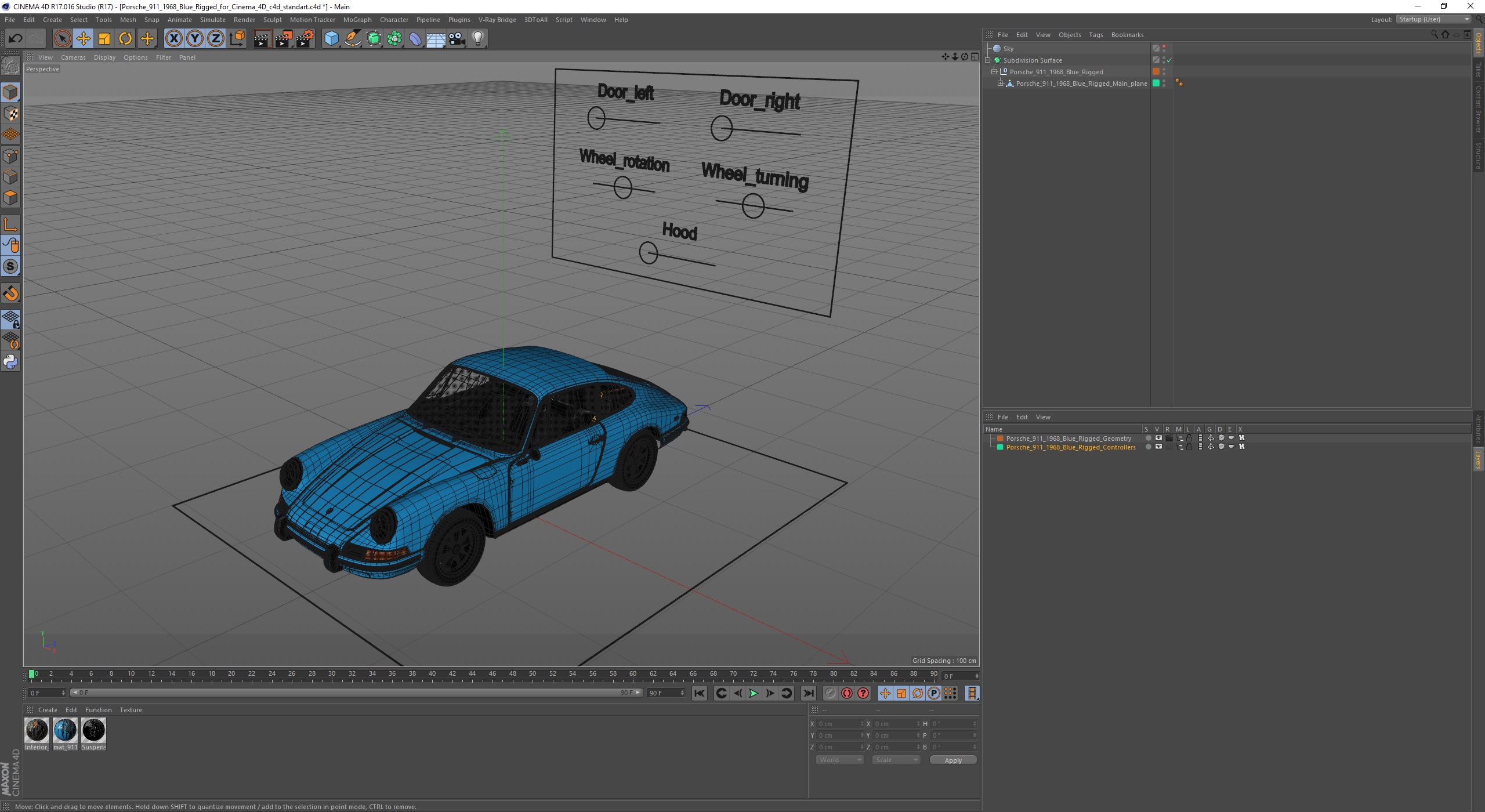 Porsche 911 1968 Blue Rigged for Cinema 4D 3D