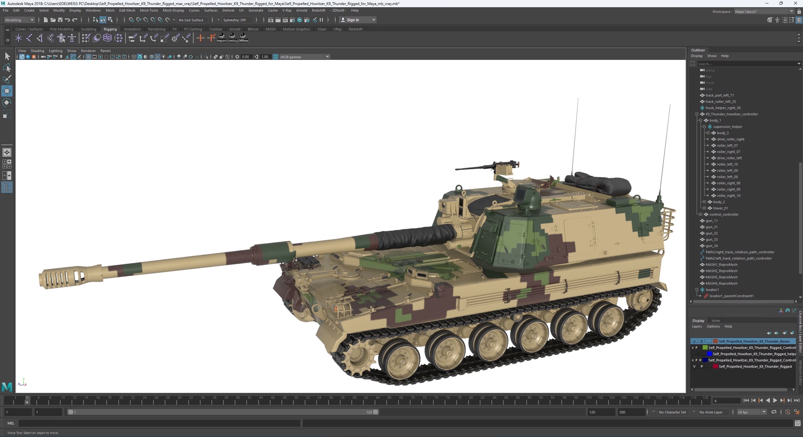 3D model Self Propelled Howitzer K9 Thunder Rigged for Maya