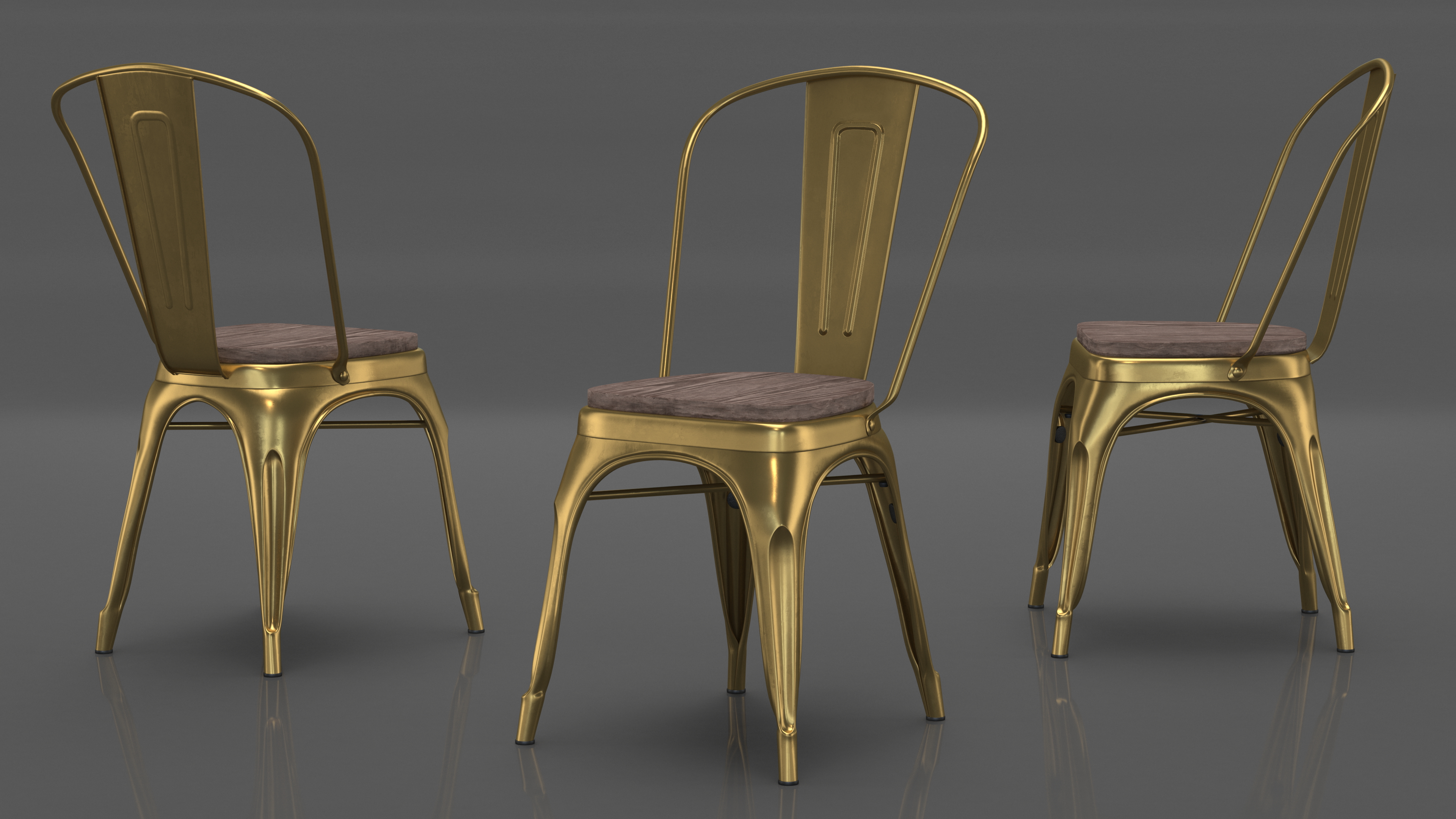 Bronze Stackable Chair Wooden Seat 3D model