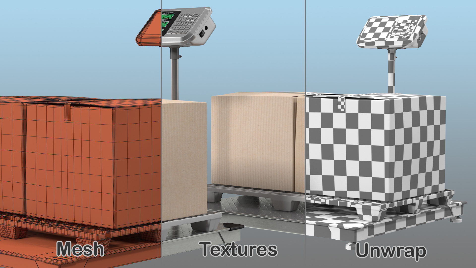 Warehouse Scale with Plastic Pallet and Parcels 3D