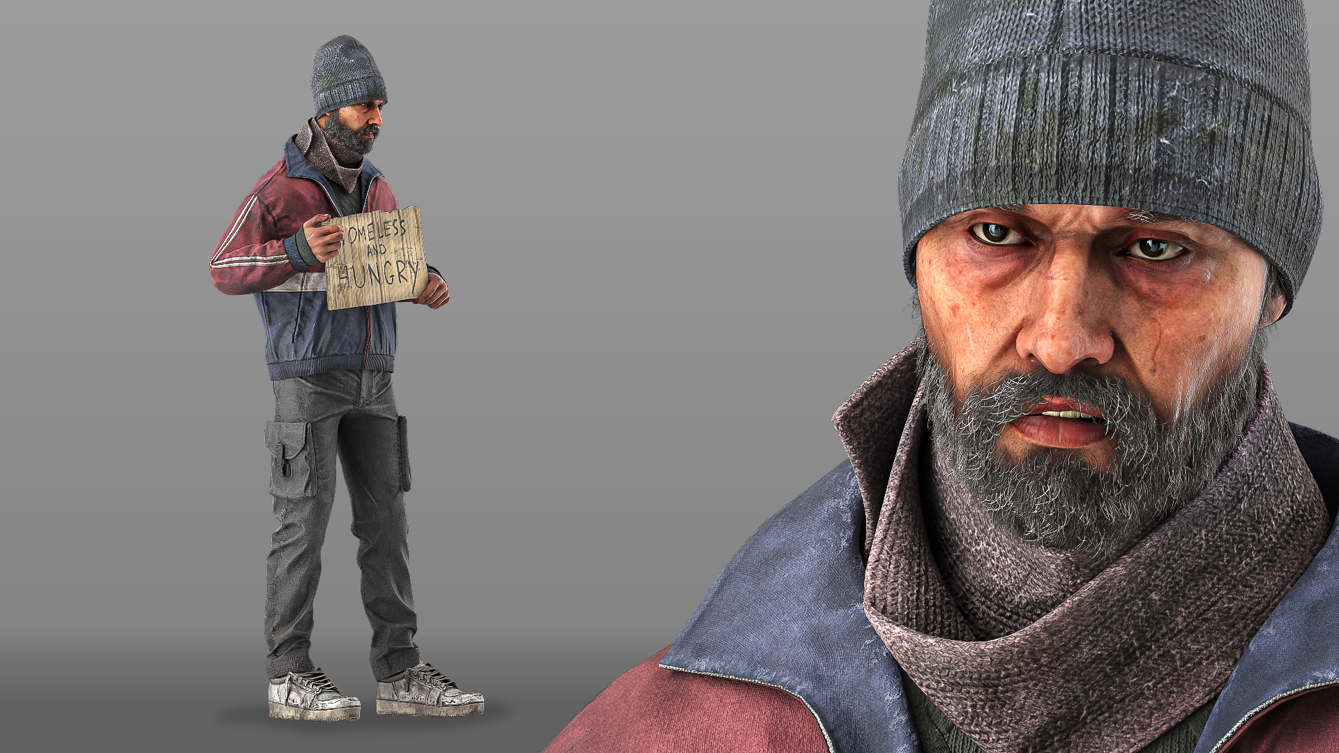 Standing Homeless Man with Placard 3D model