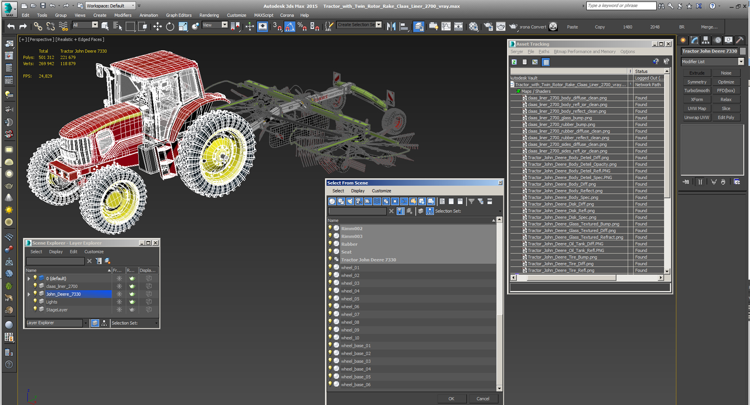 3D model Tractor with Twin Rotor Rake Claas Liner 2700