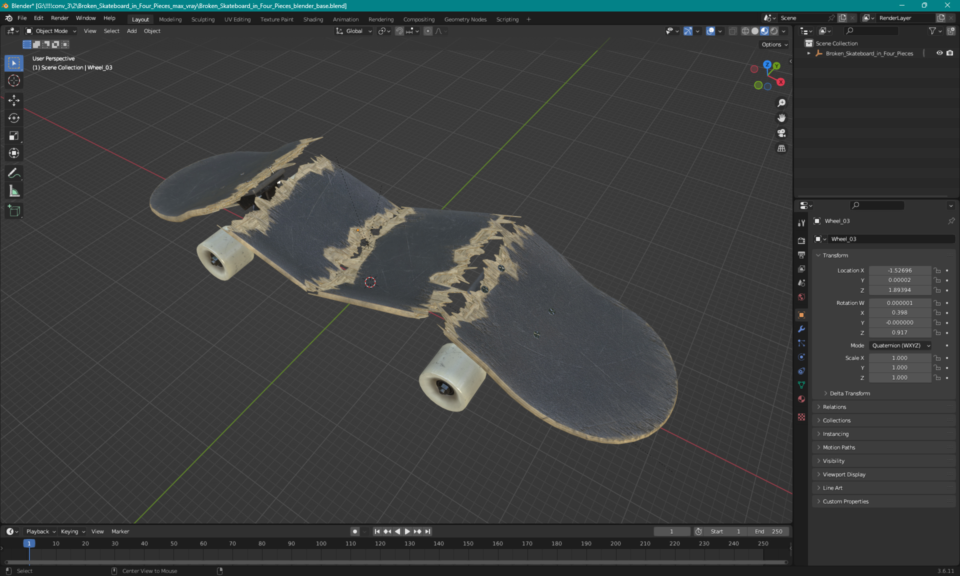 Broken Skateboard in Four Pieces 3D