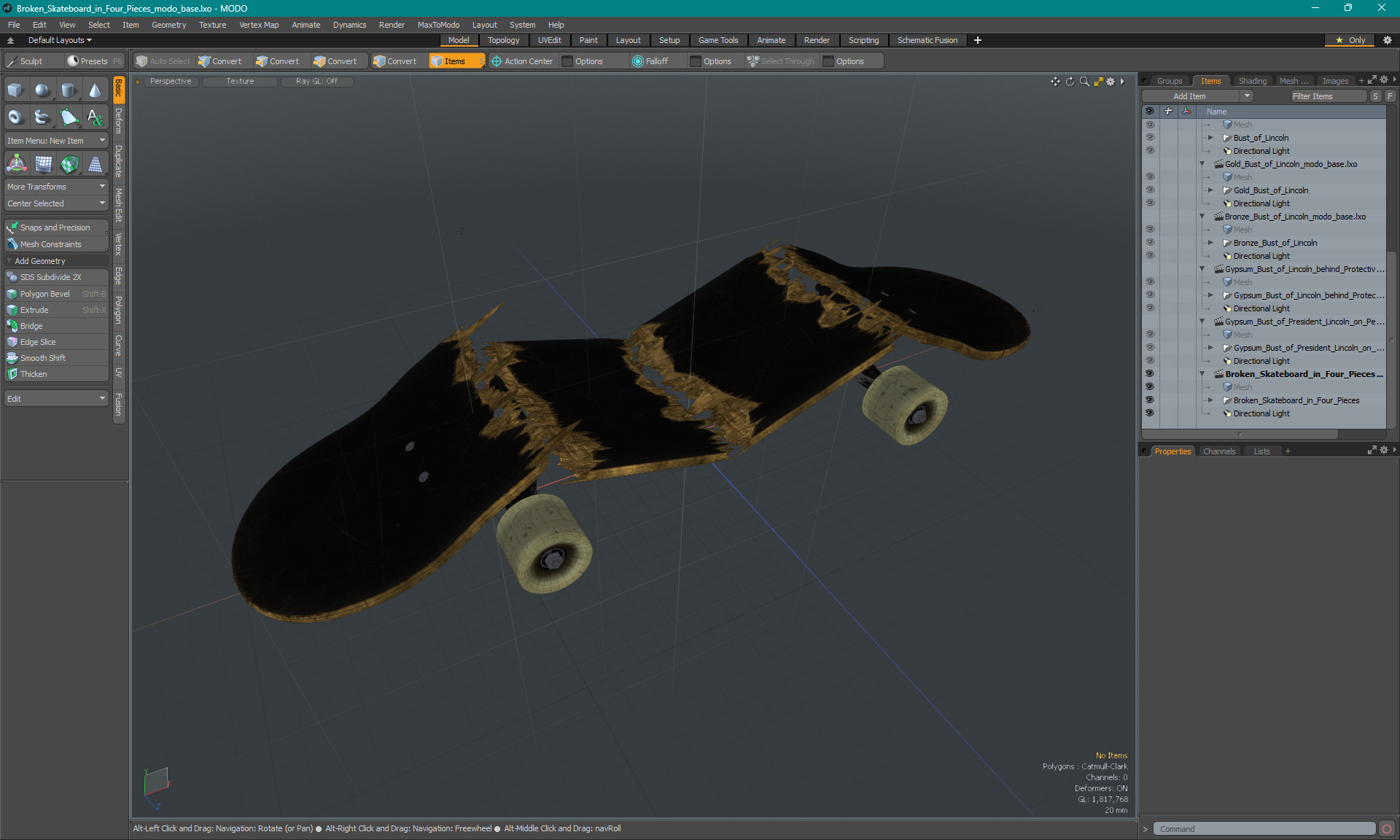 Broken Skateboard in Four Pieces 3D