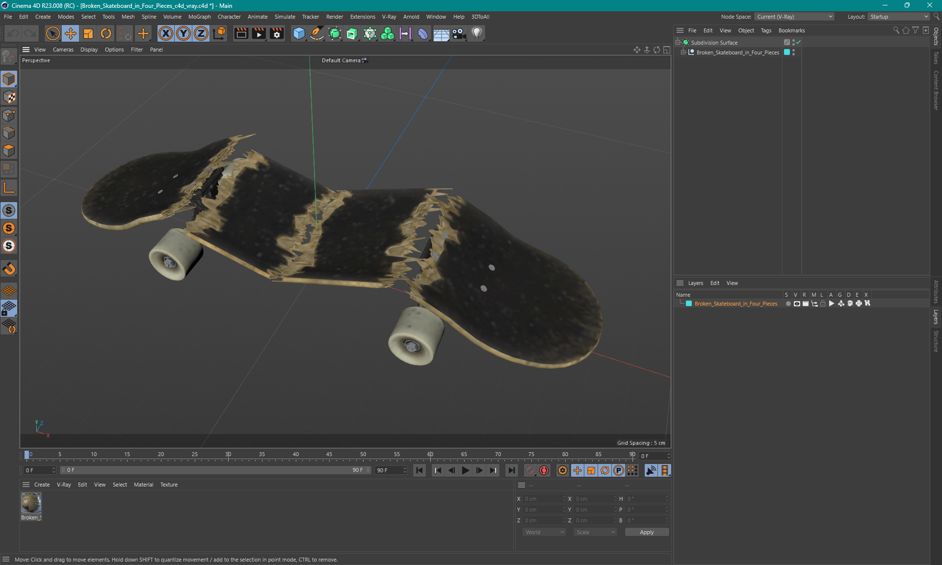 Broken Skateboard in Four Pieces 3D