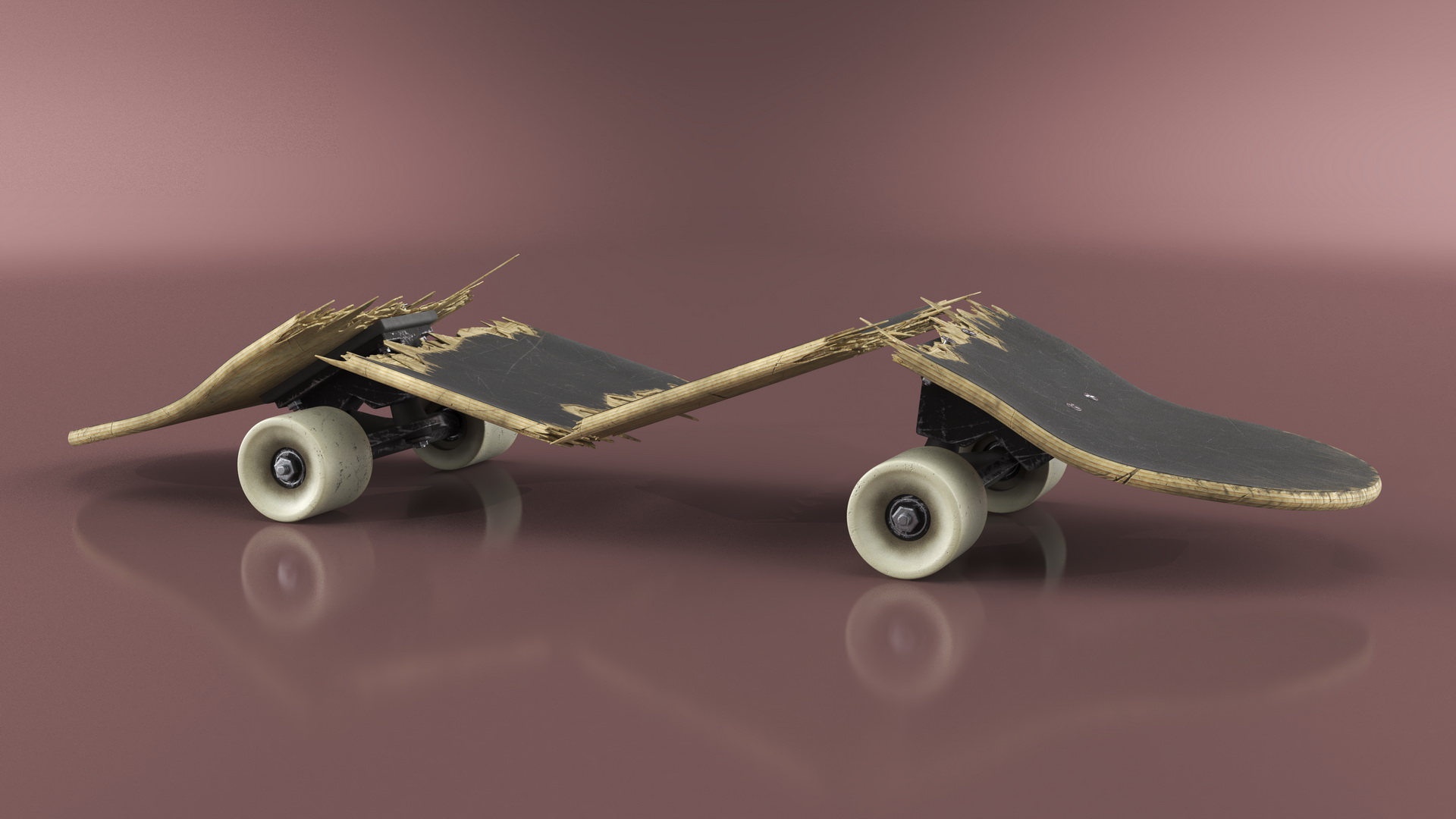 Broken Skateboard in Four Pieces 3D